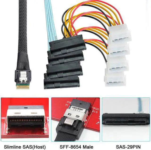 Alt view image 6 of 7 - Jimier Slimline SAS 4.0 SFF-8654 4i 38pin Host to 4 SAS 29pin SFF-8482 Target Hard Disk Fanout Raid Cable