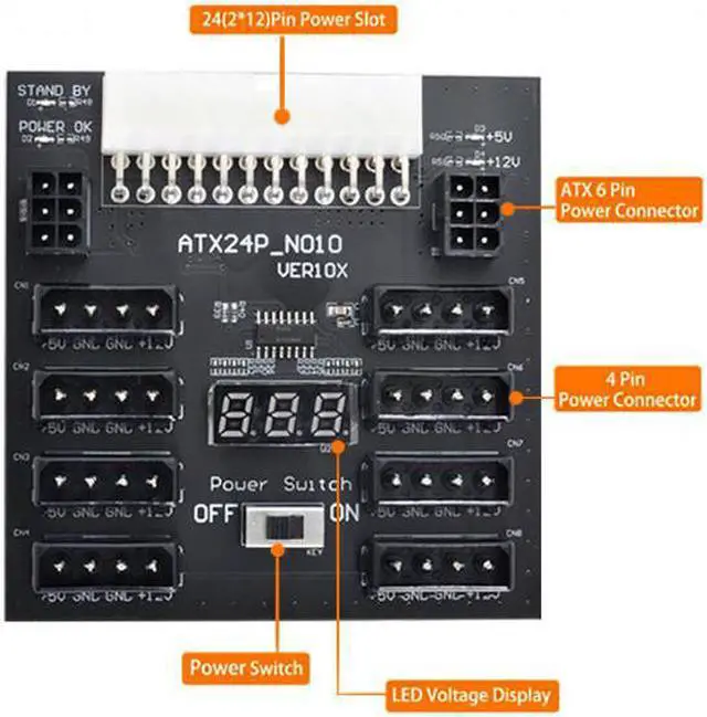 Main image of Cablecc ATX PSU Server Power Board 24Pin to IDE 8x 4Pin +2x 6Pin Power Supply Board for CHIA ETH BTC Mining Miner