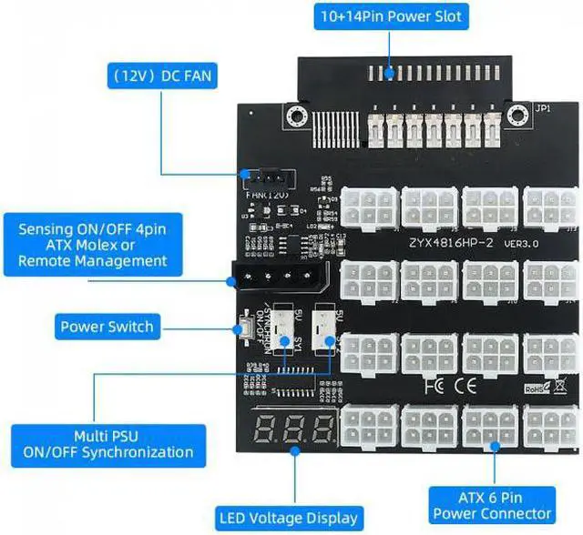 Alt view image 4 of 7 - CY Flex Slot Server Power Board 14+10Pin to 16x6Pin Power Supply Board for CHIA ETH BTC Mining Miner