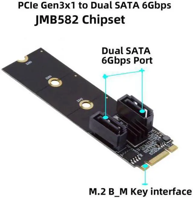 Alt view image 6 of 7 - CY NGFF Key B+M PCI Express to SATA 3.0 6Gbps Dual Ports Vertical Adapter Converter Hard Drive Extension Card JMB582 2230 2242 2260 2280