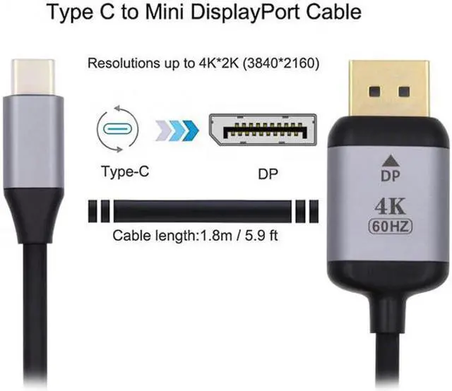 Alt view image 2 of 7 - CY USB 3.1 Type C USB-C Source to DisplayPort DP Displays Male 4K Monitor Cable for Laptop 1.8m