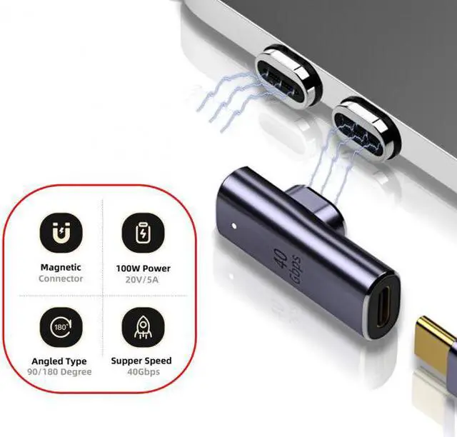 Alt view image 7 of 7 - CY Magnetic Connector 40Gbps USB4 Type C Male to Female Low Profile Right Angled 100W Power Data 8K Video Adapter for Laptop Phone
