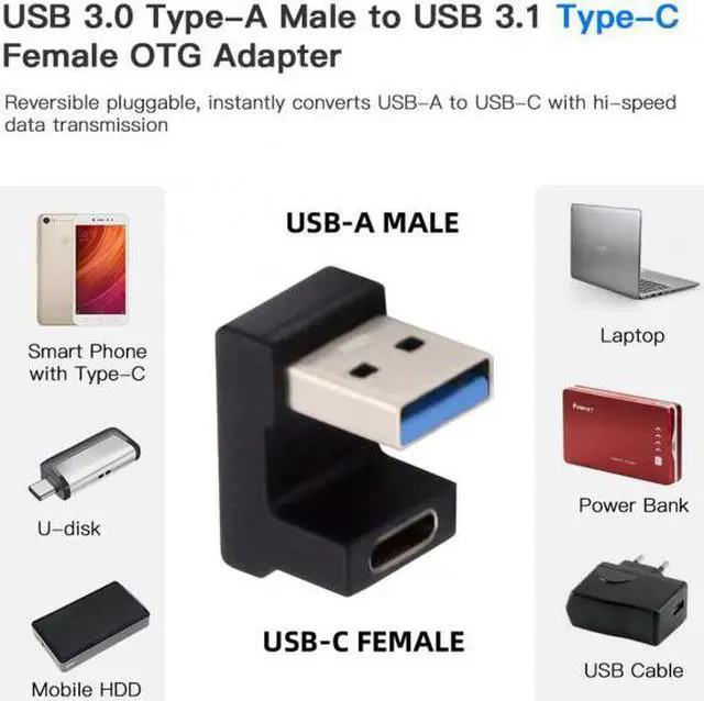 Alt view image 6 of 7 - CY USB-C Type C Female  Opposite U Shape Back Angled to USB 3.0 A Male Data Adapter for Laptop Desktop