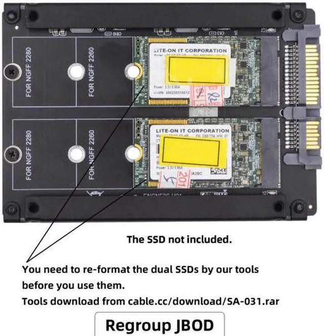 Alt view image 7 of 7 - CY Dual NGFF B+M Key M.2 SSD Card JOBD Raid0 Span Bridge to 2.5inch SATA Combo HDD Disk Drive Enclosure