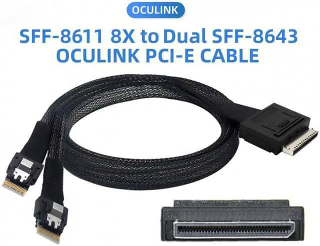 Alt view image 3 of 7 - Cablecc CY SF-052 OCuLink PCIe PCI-Express SFF-8611 8x 8-Lane to Dual SFF-8654 Slimline 4x SSD Data Active Cable 50cm