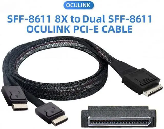 Alt view image 3 of 7 - HKCY SF-054 OCuLink PCIe PCI-Express SFF-8611 8x 8-Lane to Dual SFF-8611 Oculink 4x SSD Data Active Cable 50cm