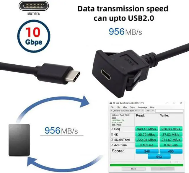 Alt view image 6 of 7 - FVH CY UC-021-1.0M Waterproof Dustproof USB-C Type-C USB 3.1 10Gbps Extension Flush Car Latch Mount Extension Cable for Dashboard Panel