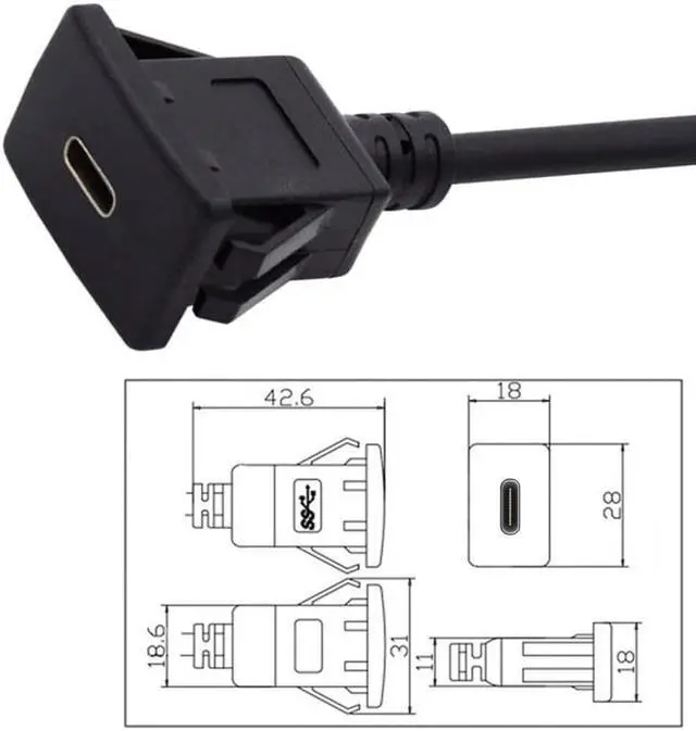 Alt view image 7 of 7 - FVH CY UC-021-1.0M Waterproof Dustproof USB-C Type-C USB 3.1 10Gbps Extension Flush Car Latch Mount Extension Cable for Dashboard Panel