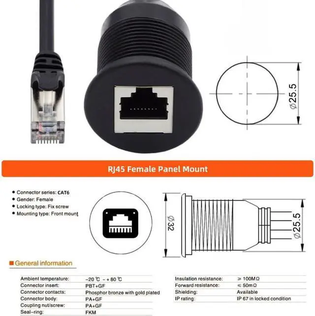 Alt view image 7 of 7 - HKCY UT-017-1.0M 1m Waterproof Dustproof Screw Locking CAT6 RJ45 Male to Female Lan Ethernet Network Extension Cable Car Panel Mount Design