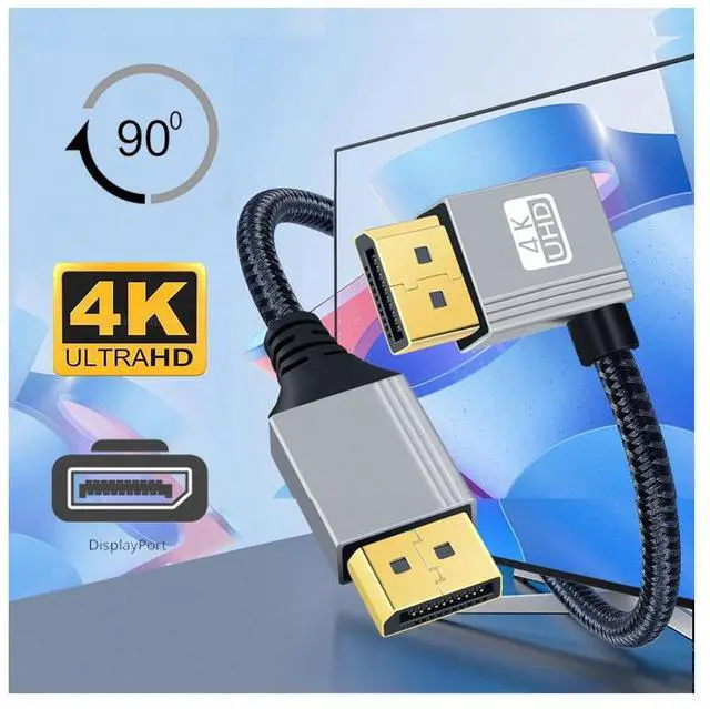 Alt view image 4 of 7 - CY 100cm Left Angled DisplayPort DP to DP Cable 4K 60hz Cable Silver Sleeve Ultra-HD UHD 90 Degree for Desktop Laptop Monitor Graphics Card