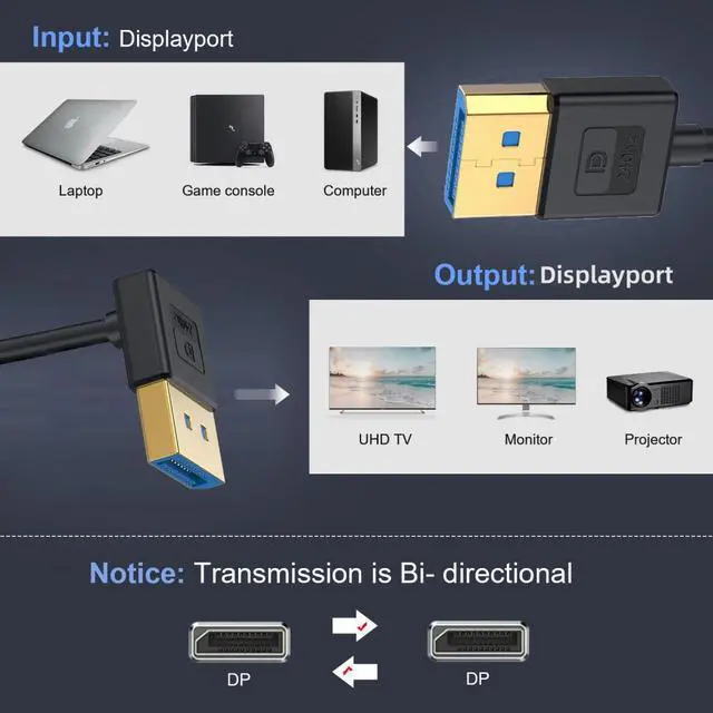 Alt view image 6 of 7 - Xiwai Ultrafine Down Angled DisplayPort 1.4 DP to DP Cable 8K 60hz Cable Ultra-HD UHD 4K 144hz 90 Degree for Desktop Laptop Monitor 100cm