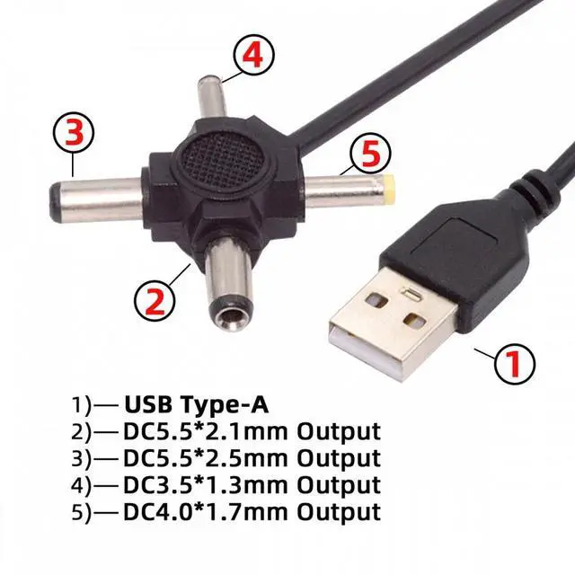 Alt view image 4 of 7 - Cablecc USB 2.0 Type-A Male to 4-in-1 DC 5V 5.5x2.5mm 5.5x2.1mm 4.0x1.7mm 3.5x1.3mm Power Plug Barrel Connector Charge Cable