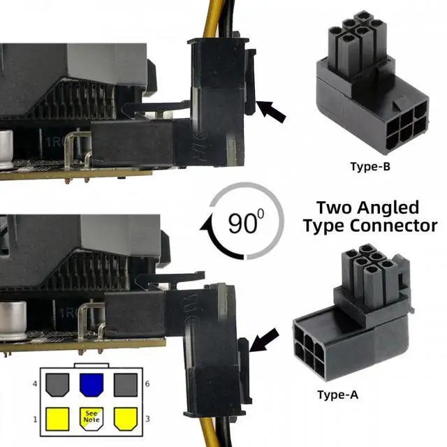 Alt view image 4 of 7 - CY 2pcs/lot ATX 6Pin Male to Female 90 Degree Up Down Angled Power Header Adapter for GPU Graphics Card