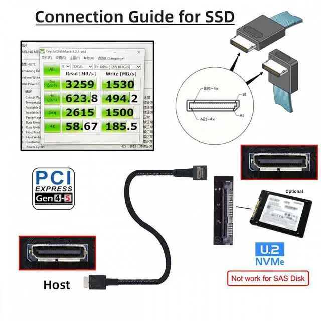 Alt view image 6 of 7 - Xiwai Down Angled 90 Degree OcuLink PCIe 4.0 PCI-Express SFF-8611 4i to SFF-8611 Data Active Cable for eGPU SSD 80cm
