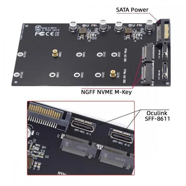 Alt view image 3 of 7 - Xiwai Dual Oculink SFF-8612 SFF-8611 to M.2 NGFF M-Key NVME PCIe SSD 2280 22110mm Adapter for Mainboard