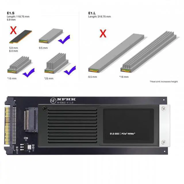 Alt view image 3 of 7 - CY U.2 SFF-8639 Host to PCI-E Ruler 1U GEN-Z EDSFF 9.5mm 15mm 25mm Short SSD E1.S with Heat Sink PM9A3 PM9D3 P5801X Carrier Adapter