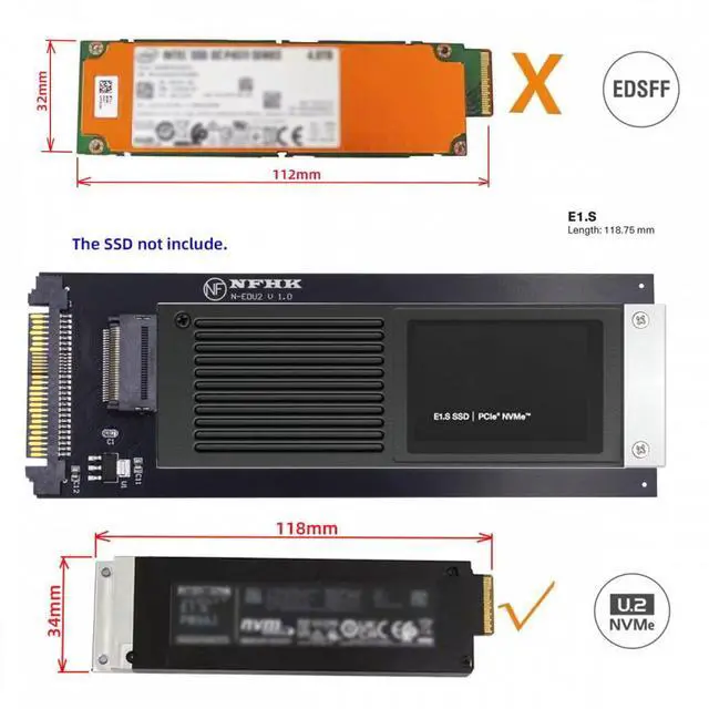 Alt view image 7 of 7 - Chenyang U.2 SFF-8639 Host to PCI-E Ruler 1U GEN-Z EDSFF 9.5mm 15mm 25mm Short SSD E1.S with Heat Sink PM9A3 PM9D3 P5801X Carrier Adapter