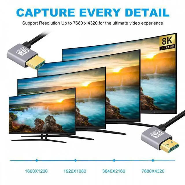 Alt view image 4 of 7 - CY HDMI 2.1 Ultra Thin HDTV Cable 8K 4K Hyper Super Flexible Slim Cord Left Angled to Right Angled 90 Degree Type-A  for Computer HDTV