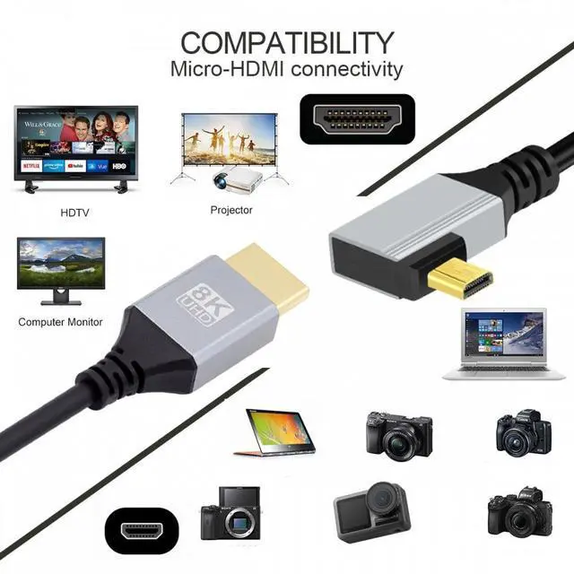 Alt view image 7 of 7 - Xiwai 90 Degree Right Angled Micro HDMI 2.1 Ultra Thin HDTV Cable 8K 4K Hyper Super Flexible Slim Cord Type-A to Type-D for Camera HDTV