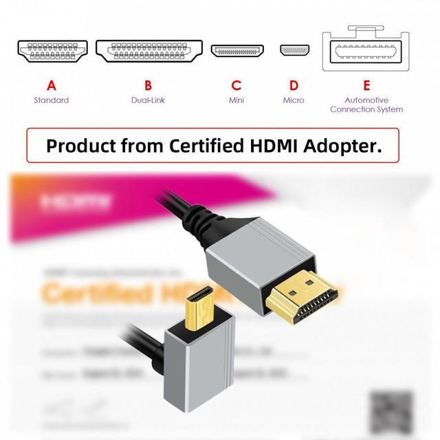Alt view image 3 of 7 - Cablecc 90 Degree Up Angled Micro HDMI 2.1 Ultra Thin HDTV Cable 8K 4K Hyper Super Flexible Slim Cord Type-A to Type-D for Camera HDTV