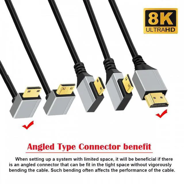 Alt view image 3 of 7 - CY 90 Degree Down Angled Mini HDMI 2.1 Ultra Thin HDTV Cable 8K 4K Hyper Super Flexible Slim Cord Type-A to Type-C for Camera HDTV