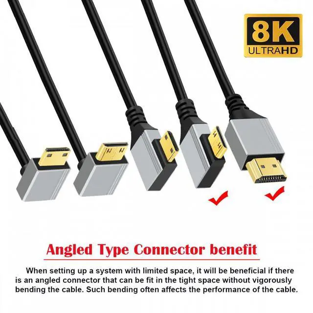 Alt view image 4 of 7 - CY 90 Degree Right Angled Mini HDMI 2.1 Ultra Thin HDTV Cable 8K 4K Hyper Super Flexible Slim Cord Type-A to Type-C for Camera HDTV