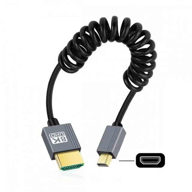 Alt view image 2 of 7 - CY Micro HDMI 2.1 Male Type-D to HDMI Male 8K 60hz Stretch Coiled Cable 100cm for HDTV Camera Laptop Monitor