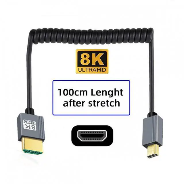 Alt view image 4 of 7 - CY Micro HDMI 2.1 Male Type-D to HDMI Male 8K 60hz Stretch Coiled Cable 100cm for HDTV Camera Laptop Monitor