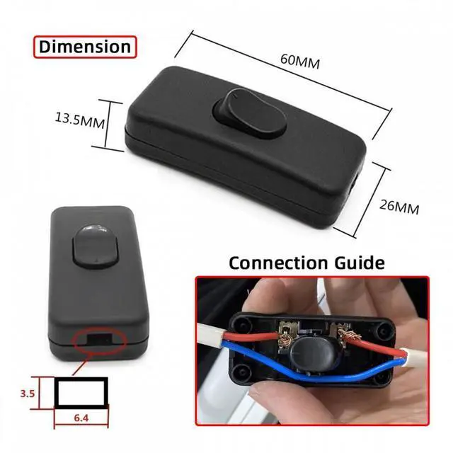 Alt view image 7 of 7 - CY Universal Interruptor 303 Switch Cord Inline On-Off Switch DPST Control Rocker for Bedroom Table Lamp Desk Light Strip
