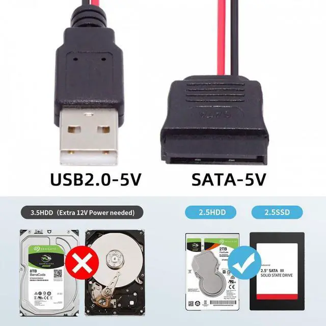Alt view image 3 of 7 - Cablecc DC 5V Single USB to SATA 15Pin Power Cable for 2.5 inch SATA HDD SSD Disk Driver 5V 2A Max