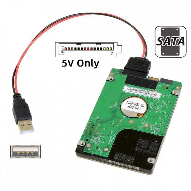 Alt view image 5 of 7 - Cablecc DC 5V Single USB to SATA 15Pin Power Cable for 2.5 inch SATA HDD SSD Disk Driver 5V 2A Max