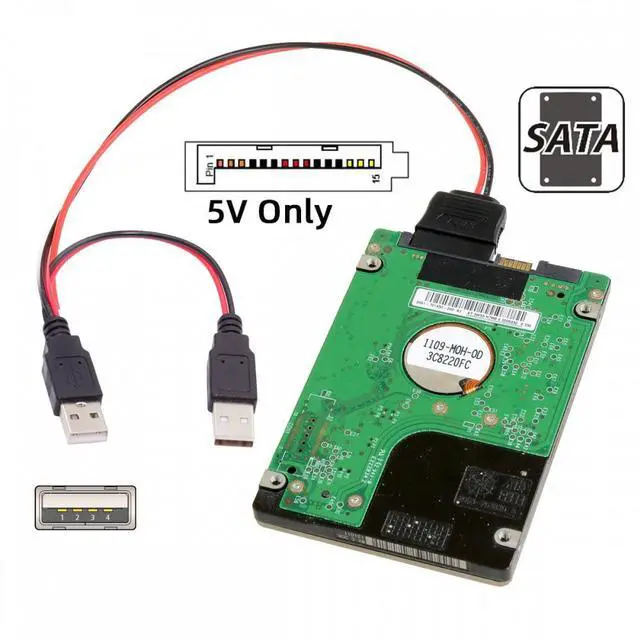 Alt view image 5 of 7 - Xiwai DC 5V Dual USB to SATA 15Pin Power Cable for 2.5 inch SATA HDD SSD Disk Driver 5V 2A Max