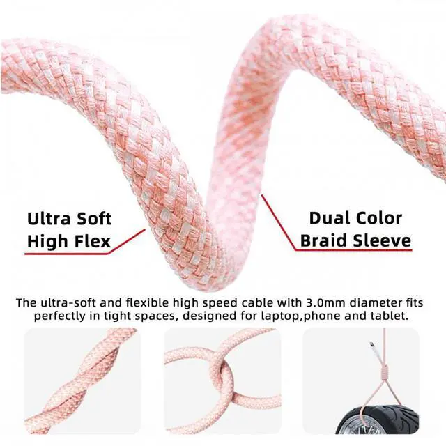 Alt view image 7 of 7 - Cablecc USB-C Type C Male to Type-A Male 15W 5V3A Power 480Mbps Data Cable Pink Sleeve for Phone & Tablet