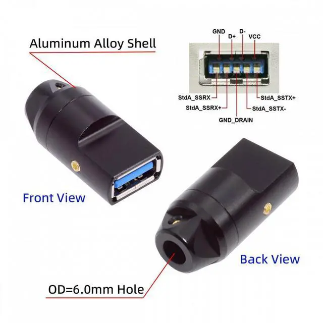 Alt view image 5 of 7 - Jimier USB 3.0 Type-A Female Socket Receptacle Connector Solder Type with Aluminum Alloy Shell Customization for 6.0mm Cable