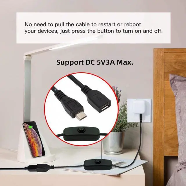Alt view image 3 of 7 - Cablecc Micro USB2.0 Cable with On Off Power Switch Button Micro 5Pin Male to Female for DC 5V Desk Lamp Fan Camera