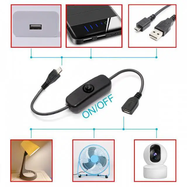 Alt view image 4 of 7 - Cablecc Micro USB2.0 Cable with On Off Power Switch Button Micro 5Pin Male to Female for DC 5V Desk Lamp Fan Camera