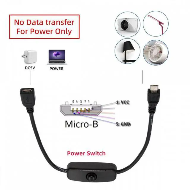 Alt view image 5 of 7 - Cablecc Micro USB2.0 Cable with On Off Power Switch Button Micro 5Pin Male to Female for DC 5V Desk Lamp Fan Camera