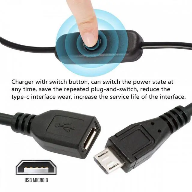 Alt view image 6 of 7 - Cablecc Micro USB2.0 Cable with On Off Power Switch Button Micro 5Pin Male to Female for DC 5V Desk Lamp Fan Camera