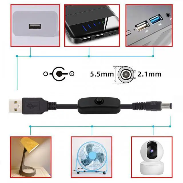 Alt view image 4 of 7 - Jimier DC 5.5x2.1mm Plug to USB Type-A Cable with On Off Power Switch Button for DC 5V Desk Lamp Fan Camera