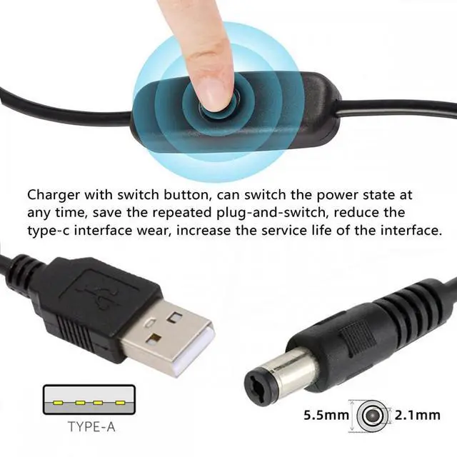 Alt view image 6 of 7 - Jimier DC 5.5x2.1mm Plug to USB Type-A Cable with On Off Power Switch Button for DC 5V Desk Lamp Fan Camera