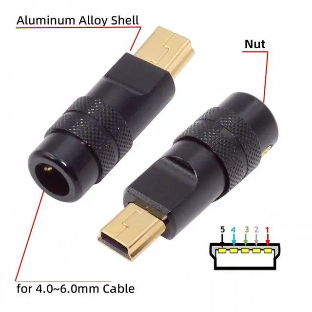 Alt view image 4 of 7 - Jimier Mini USB2.0 5Pin Male Plug Connector Solder Type with Aluminum Alloy Shell Black Customization for 4.0mm~6.0mm Cable