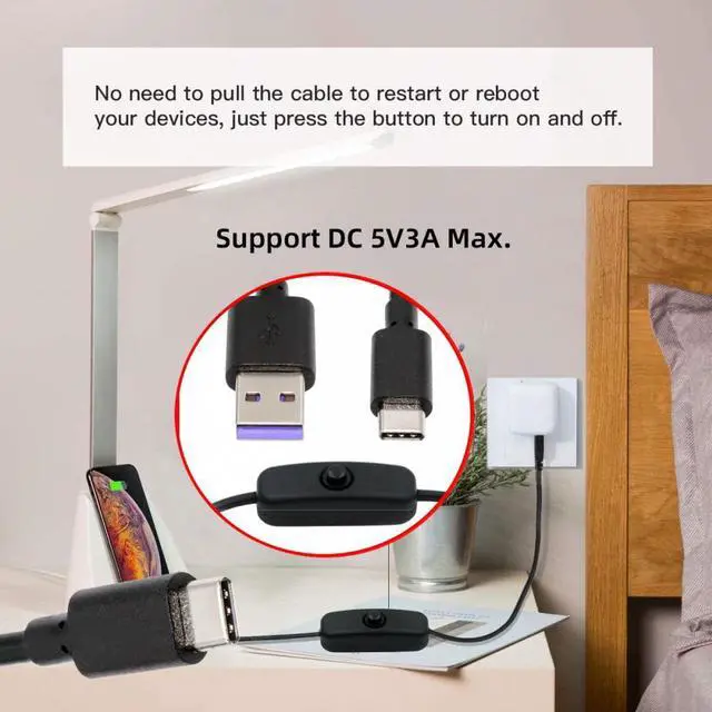 Alt view image 3 of 7 - Cablecc Type-C USB2.0 to Type-A Cable with On Off Power Switch Button USB-C for DC 5V Desk Lamp Fan Camera