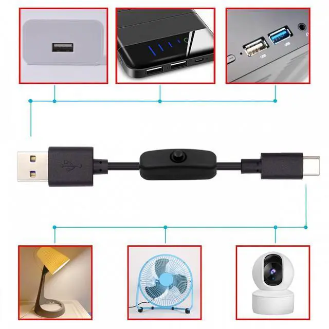 Alt view image 4 of 7 - Cablecc Type-C USB2.0 to Type-A Cable with On Off Power Switch Button USB-C for DC 5V Desk Lamp Fan Camera