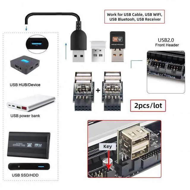 Alt view image 6 of 7 - Cablecc 2pcs/lot 9Pin 10Pin Motherboard Female Header to Dual USB 2.0 Female Adapter Horizontal Type