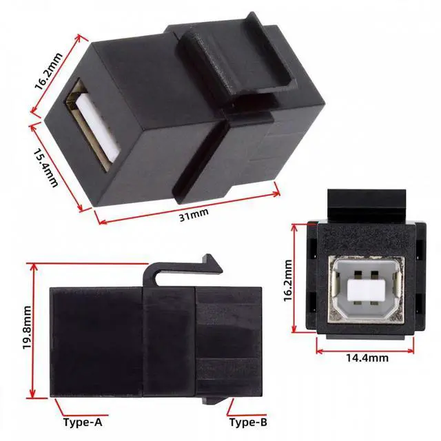 Alt view image 4 of 7 - Cablecc USB2.0 A Female to Type-B Female Extension Keystone Jack Coupler Adapter for Wall Plate Panel USB Cable
