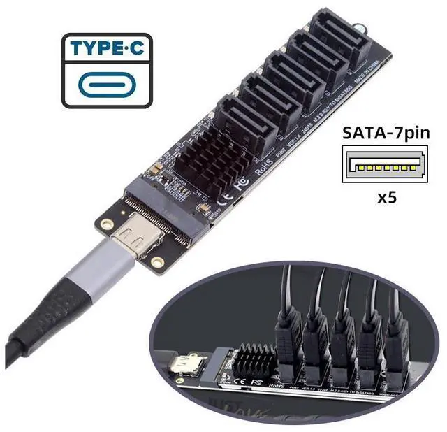 Alt view image 7 of 7 - Cablecc 10Gbps USB-C Type-C to NGFF Key B+M SATA 6Gbps 5 Ports Adapter Converter PM Port Multiplier Selector JMB575 JMS580