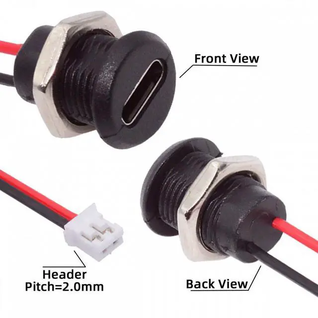 Alt view image 5 of 7 - Jimier 5pcs/set DIY OEM Type C Female Socket to 2Pin Header Cable Pitch=2.0mm Panel Mount Type DC 5V Power