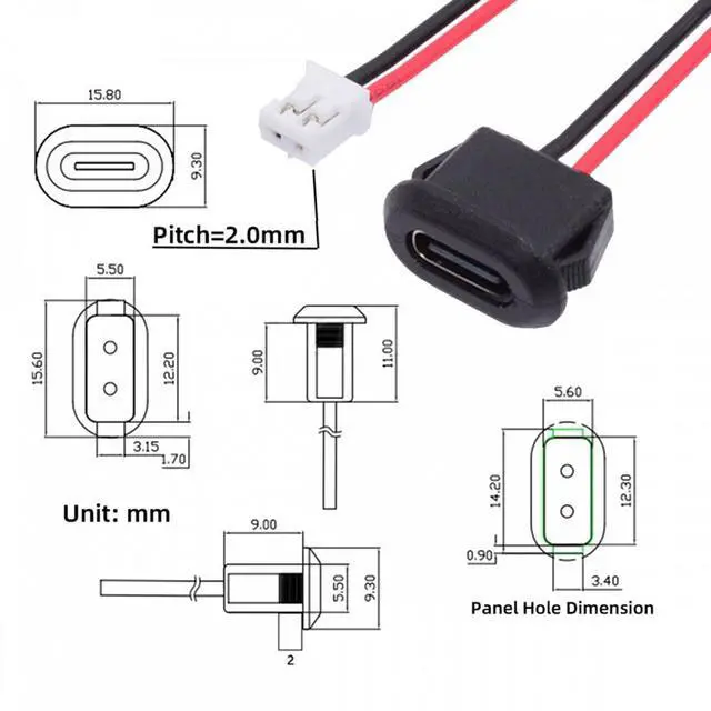 Alt view image 3 of 7 - Jimier 5pcs/set DIY OEM Type C Female Socket to 2Pin Header Cable Pitch=2.0mm Latch Mount Type DC 5V Power