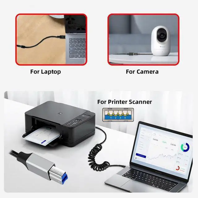 Alt view image 7 of 7 - Jimier USB 3.0 Type-A Male to USB3.0 Type-B Male Stretch Coiled Cable 100cm Extension 5Gbps for Disk Printer Camera Data