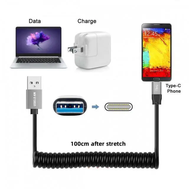 Alt view image 7 of 7 - Jimier USB 3.0 Type-A Male to USB-C Type-C Male Stretch Coiled Cable 100cm Extension 5Gbps for Disk Phone Camera Data